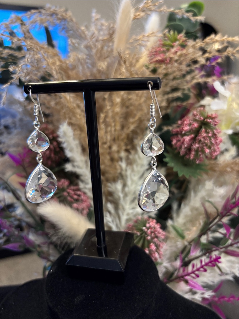 Sterling Silver White Topaz Gemstone Dangle Earrings.